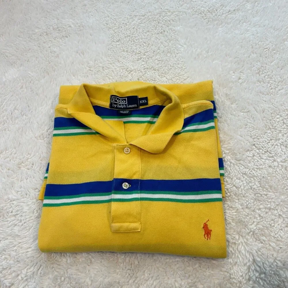 Polo Ralph Lauren Mens Yellow/Blue Striped 2XL Cotton Preppy Casual Summer Golf
